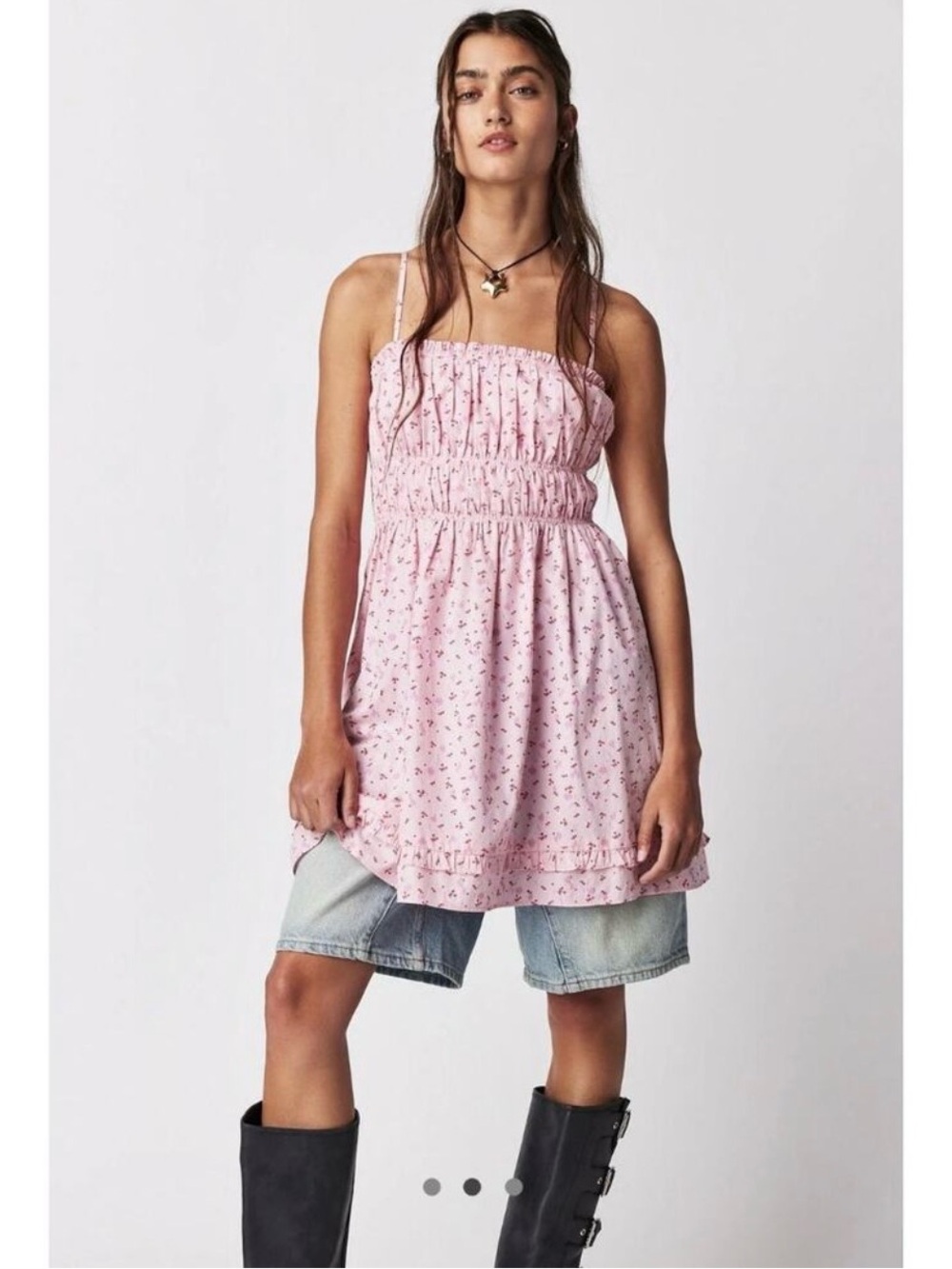 Free People Gabby Mini Pink Cherry Floral Babydoll Smocked Dress